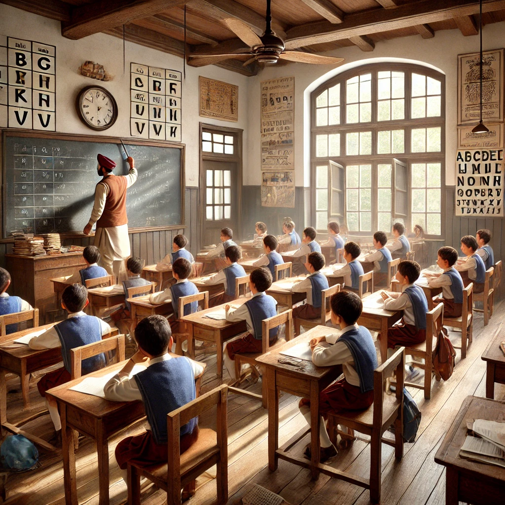 DALL·E 2025 01 01 08.11.50 A realistic depiction of an Indian school classroom with students wearing traditional school uniforms sitting at wooden desks attentively listening